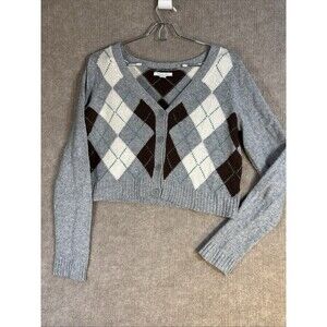 AEO American Eagle Womens Cropped‎ Argyle Button-Up Cardigan Gray  Small